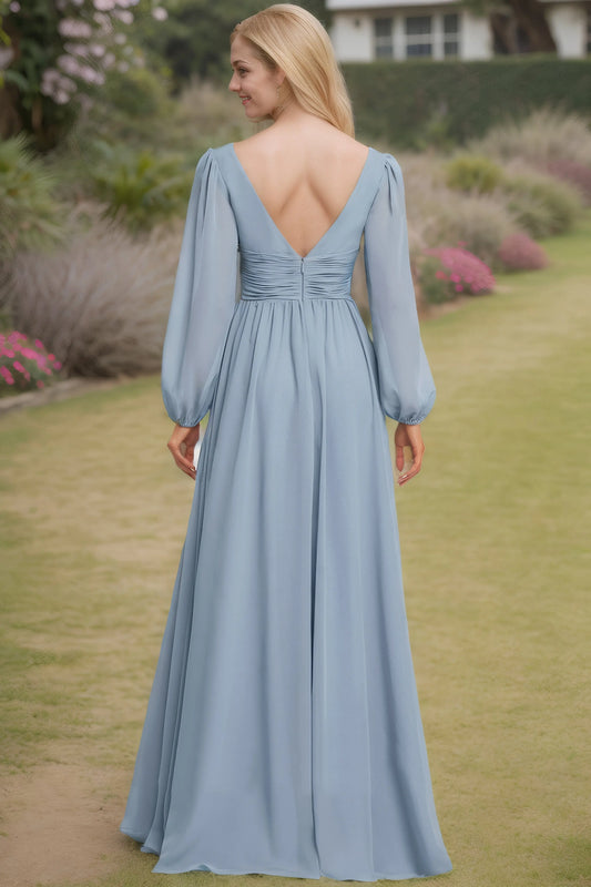 A-Line/Princess Chiffon Ruched V-neck Long Sleeves Floor-Length Bridesmaid Dresses - KAIDRESS