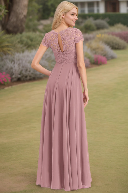 A-Line/Princess Chiffon Lace Scoop Short Sleeves Pocket Floor-Length Bridesmaid Dresses - KAIDRESS