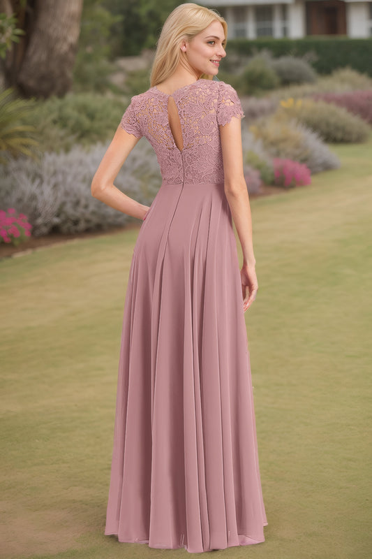 A-Line/Princess Chiffon Lace Scoop Short Sleeves Pocket Floor-Length Bridesmaid Dresses
