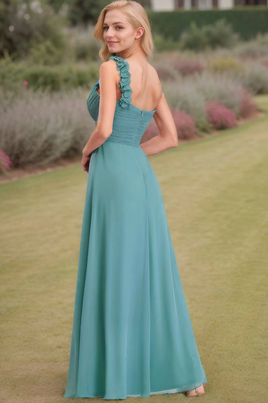 A-Line/Princess One-Shoulder Sleeveless Pleats Long Chiffon Bridesmaid Dresses - KAIDRESS