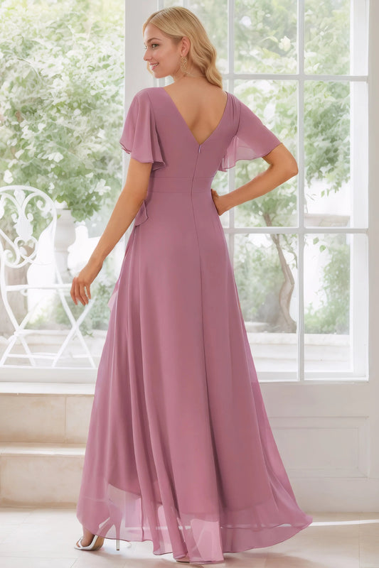 A-Line/Princess Chiffon Ruffles V-neck Short Sleeves Asymmetrical Bridesmaid Dresses - KAIDRESS