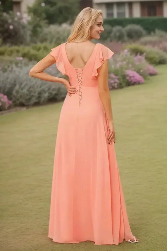A-Line/Princess Chiffon Ruffles V-neck Sleeveless Floor-Length Bridesmaid Dresses - KAIDRESS