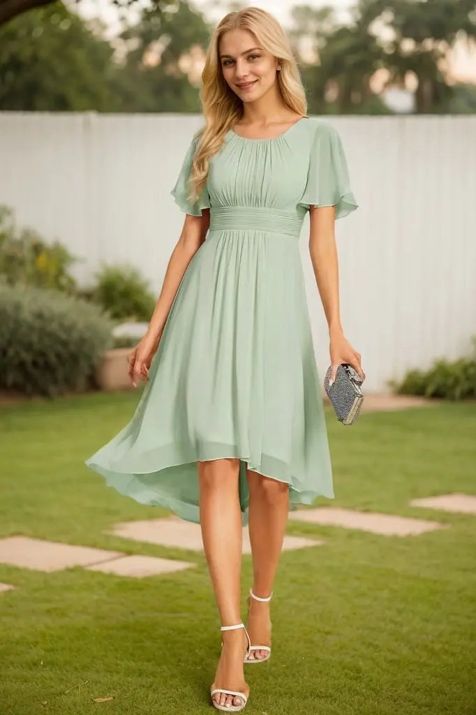 A-line Scoop Asymmetrical Chiffon Bridesmaid Dress With Ruffle - KAIDRESS