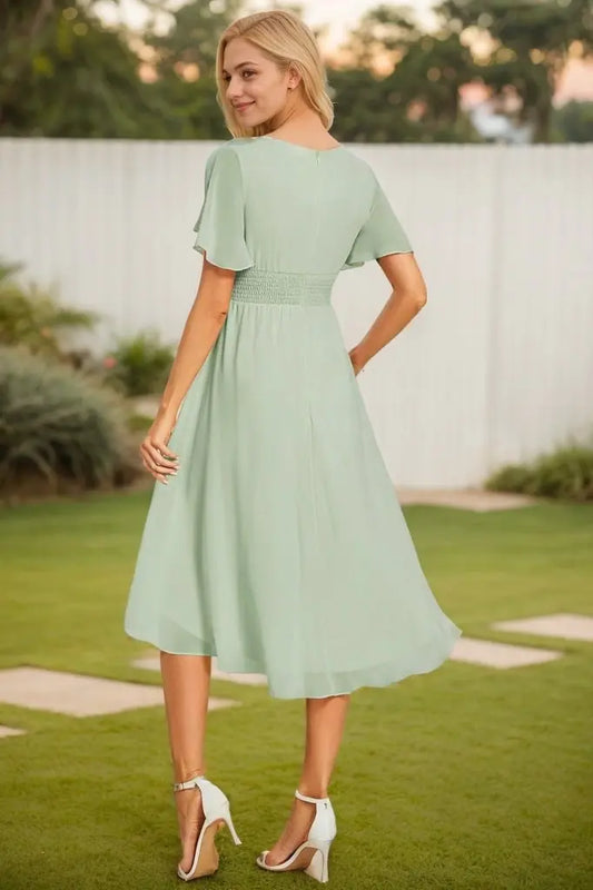 A-line Scoop Asymmetrical Chiffon Bridesmaid Dress With Ruffle - KAIDRESS