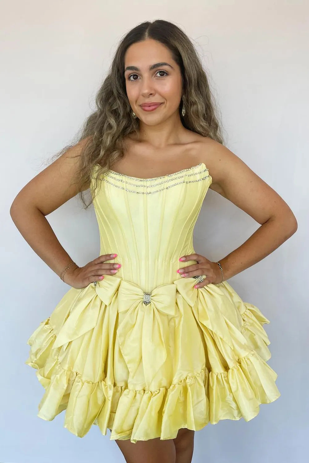 A Line Fuchsia Strapless Satin Short Homecoming Dress with Bow