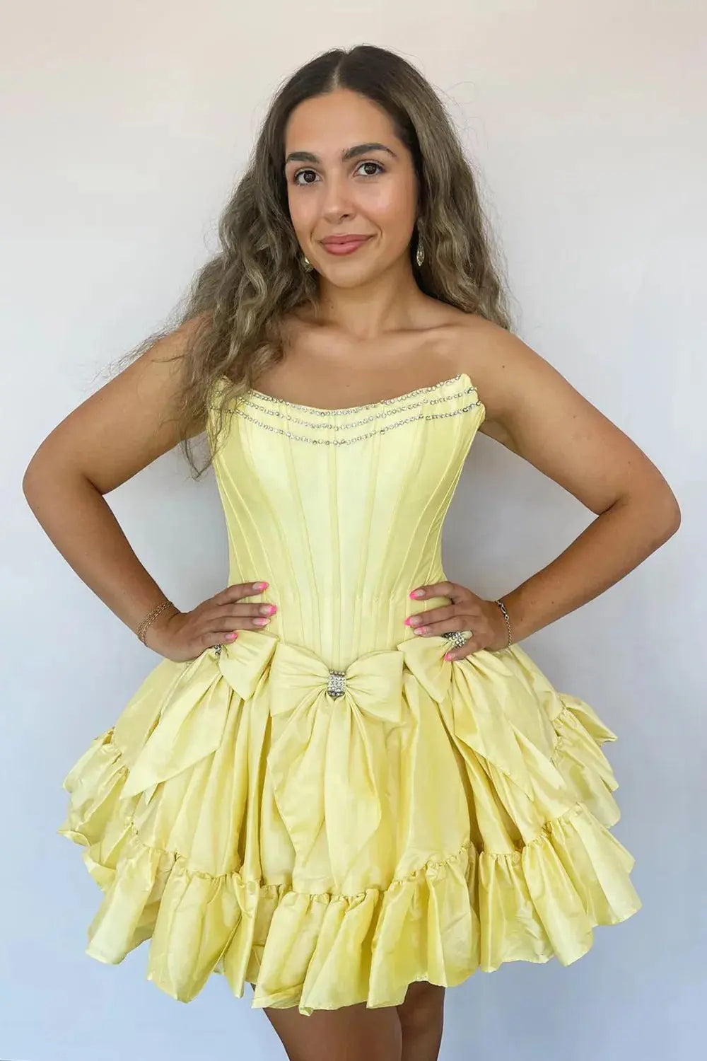 A Line Fuchsia Strapless Satin Short Homecoming Dress with Bow - KAIDRESS