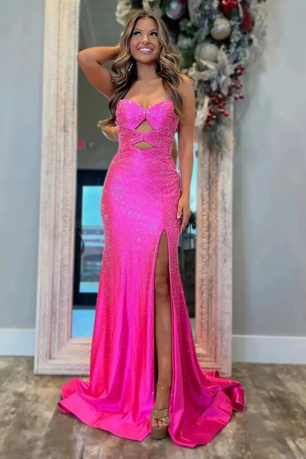 Mermaid Glitter Yellow Sweetheart Cut-out Long Prom Dress with Beading - KAIDRESS