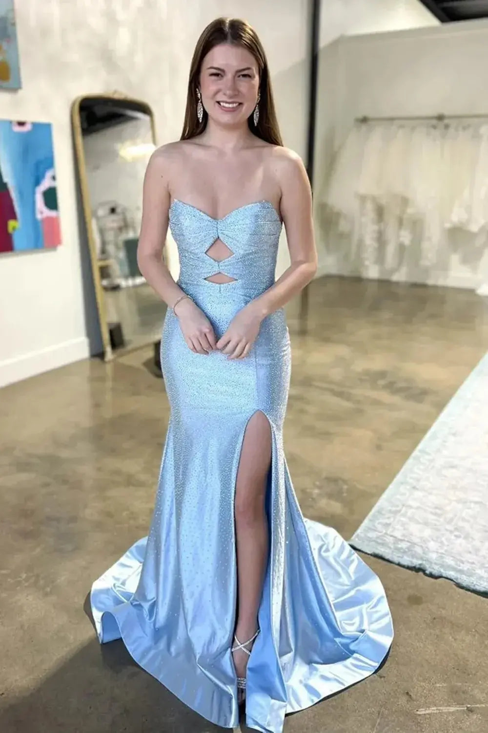 Mermaid Glitter Yellow Sweetheart Cut-out Long Prom Dress with Beading - KAIDRESS