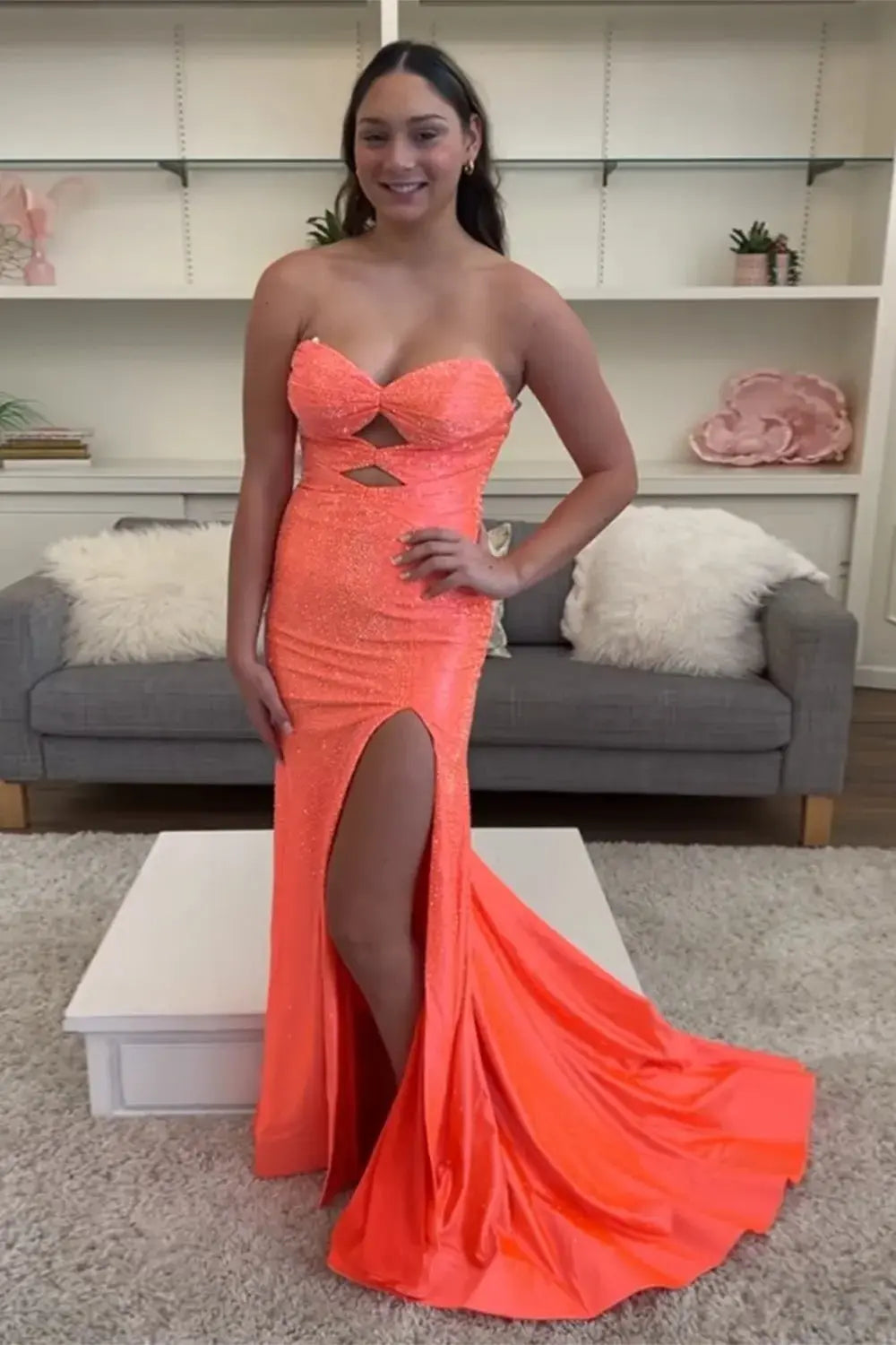 Mermaid Glitter Yellow Sweetheart Cut-out Long Prom Dress with Beading - KAIDRESS
