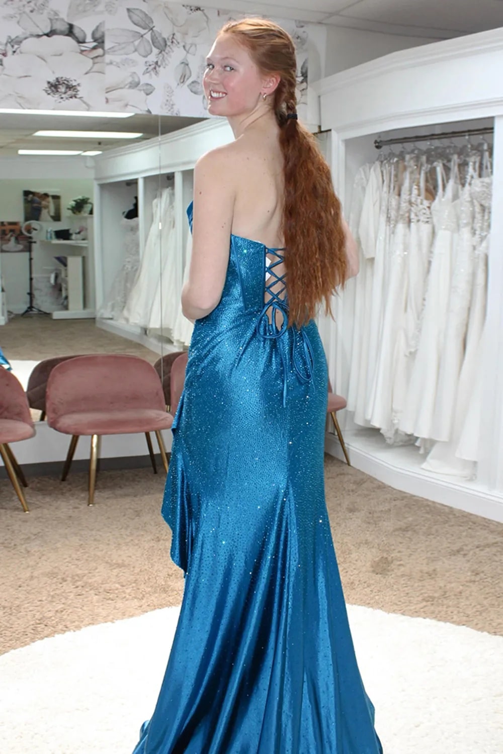 Mermaid Sparkly Orange Strapless Beaded Long Corset Prom Dress with Ruffles