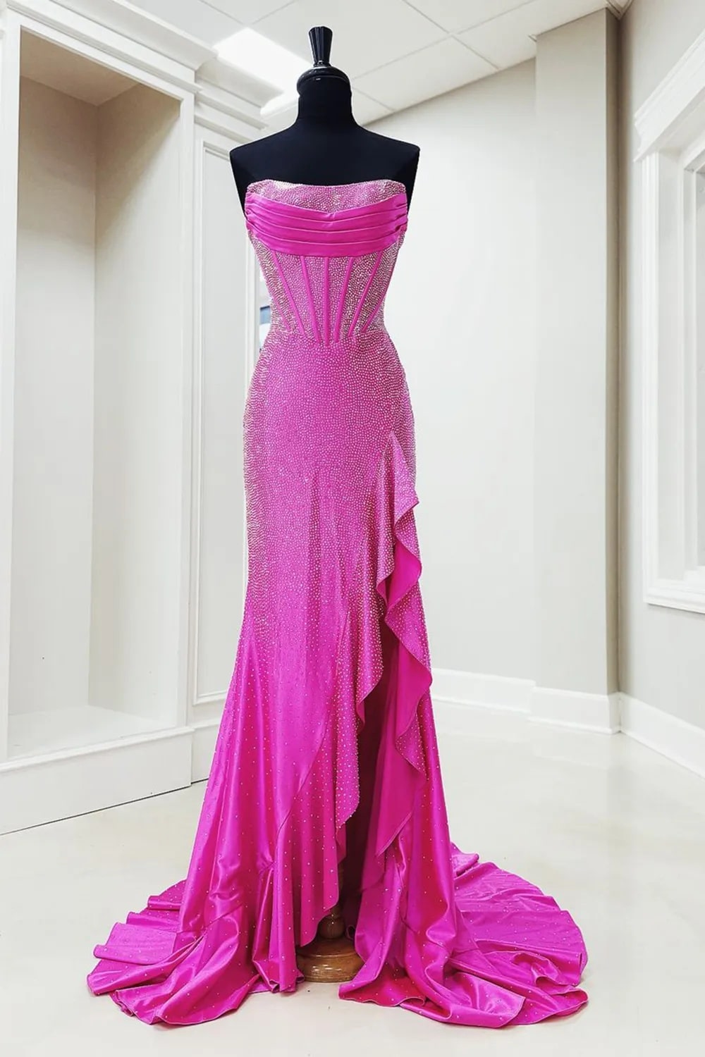 Mermaid Sparkly Orange Strapless Beaded Long Corset Prom Dress with Ruffles