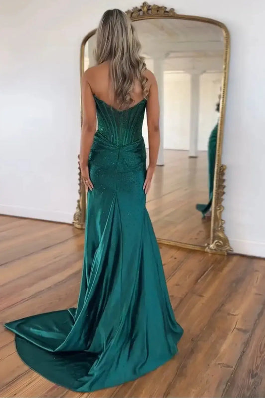 Mermaid Sparkly Golden Sweetheart Beaded Long Corset Prom Dress with Slit - KAIDRESS