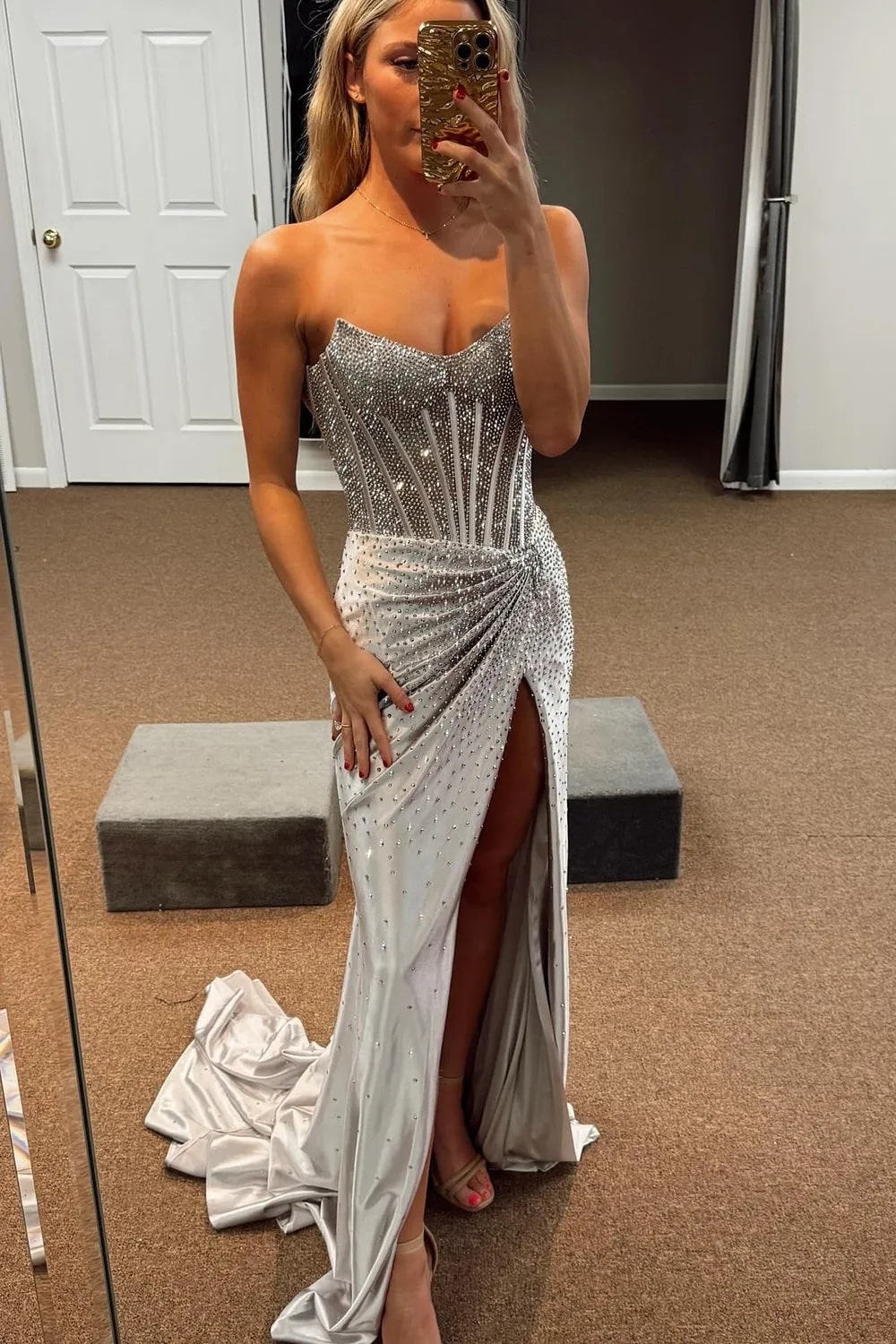 Mermaid Sparkly Golden Sweetheart Beaded Long Corset Prom Dress with Slit