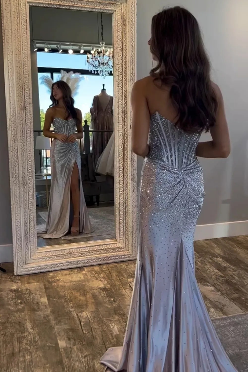 Mermaid Sparkly Golden Sweetheart Beaded Long Corset Prom Dress with Slit