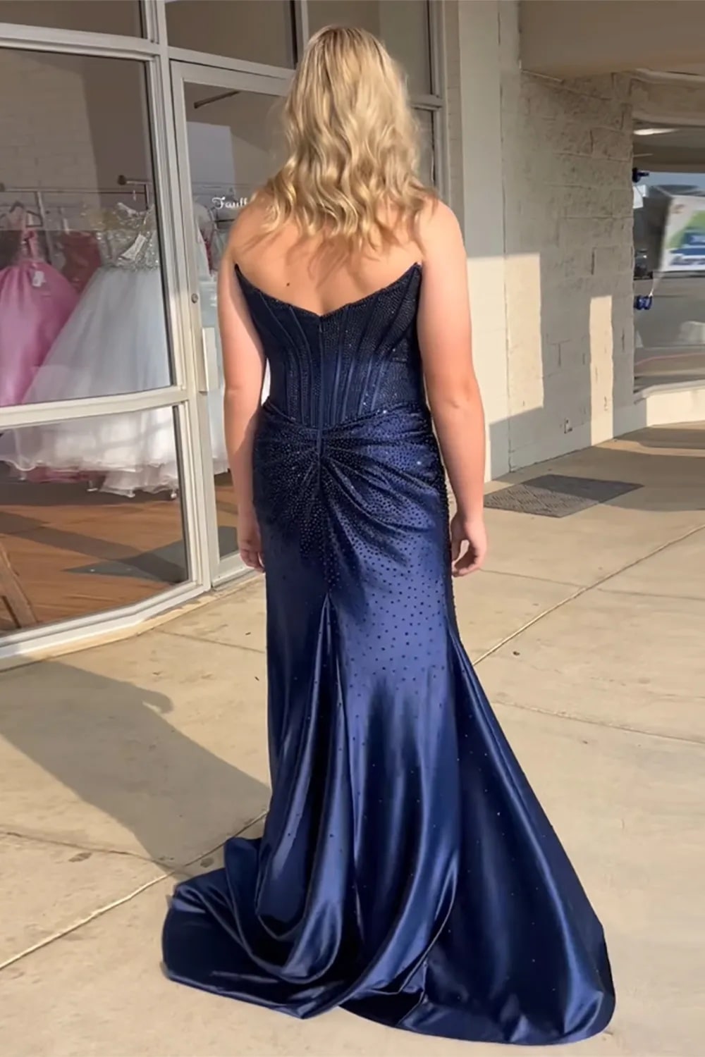 Mermaid Sparkly Golden Sweetheart Beaded Long Corset Prom Dress with Slit