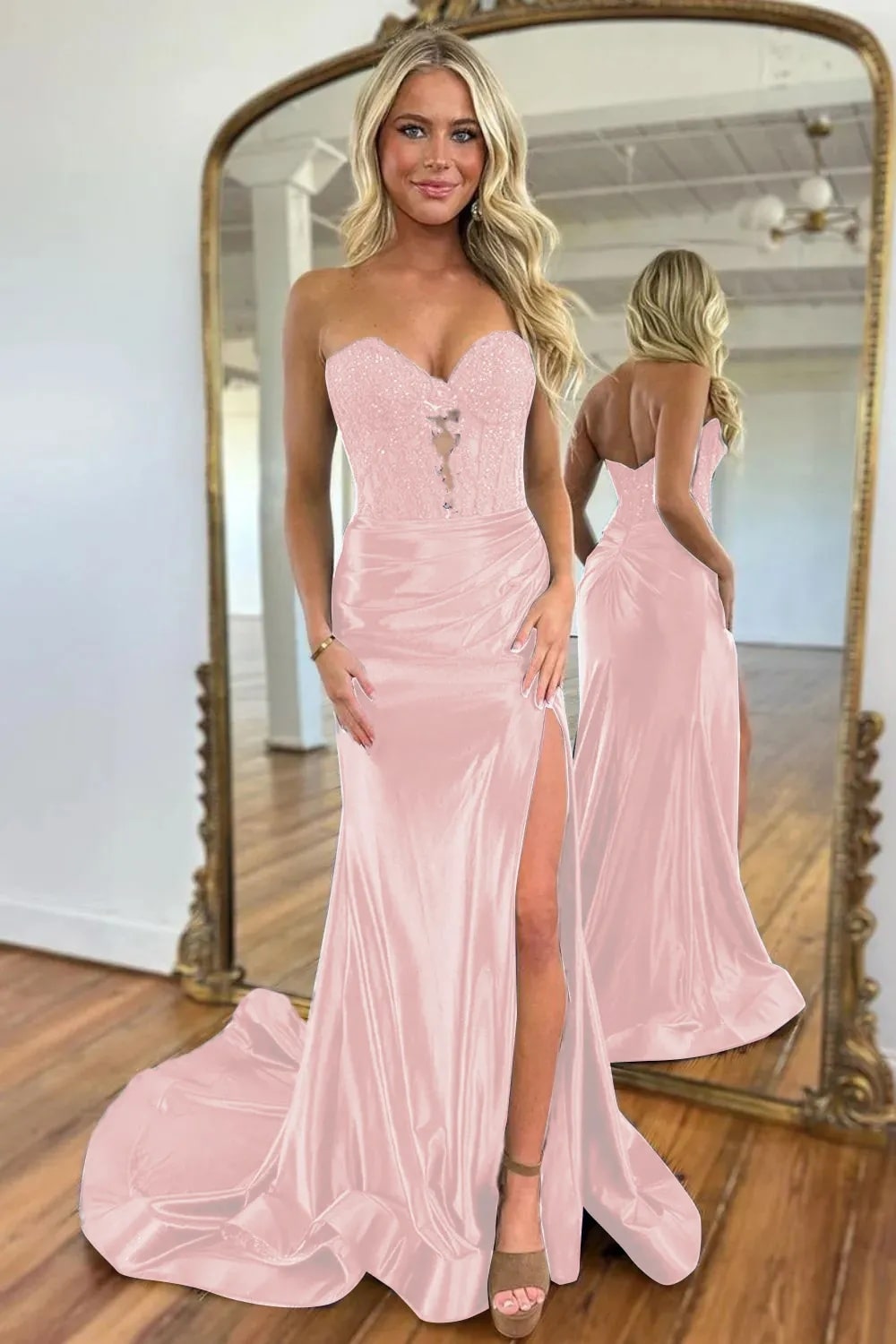 Mermaid  Navy Sweetheart Long Corset Prom Dress with Slit