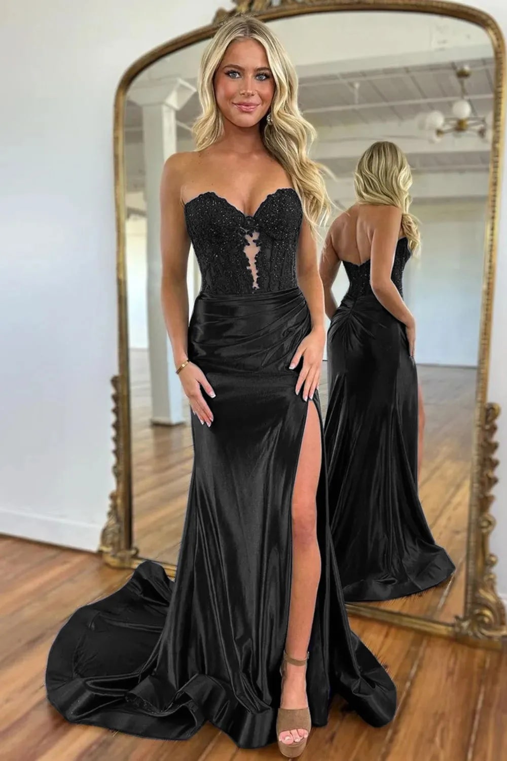 Mermaid  Navy Sweetheart Long Corset Prom Dress with Slit