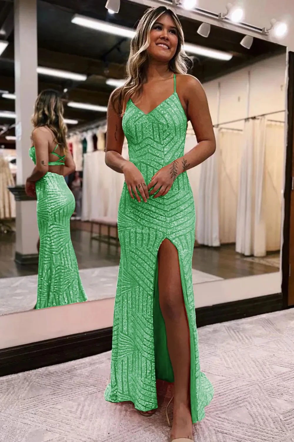 Sheath Spaghetti Straps Orange Sequins Long Prom Dress with Criss Cross Back