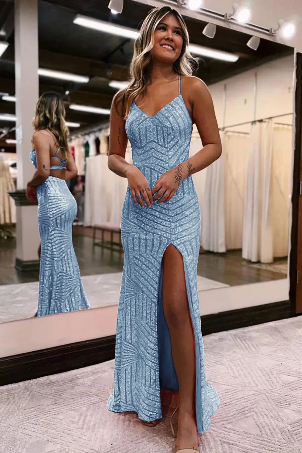 Sheath Spaghetti Straps Orange Sequins Long Prom Dress with Criss Cross Back