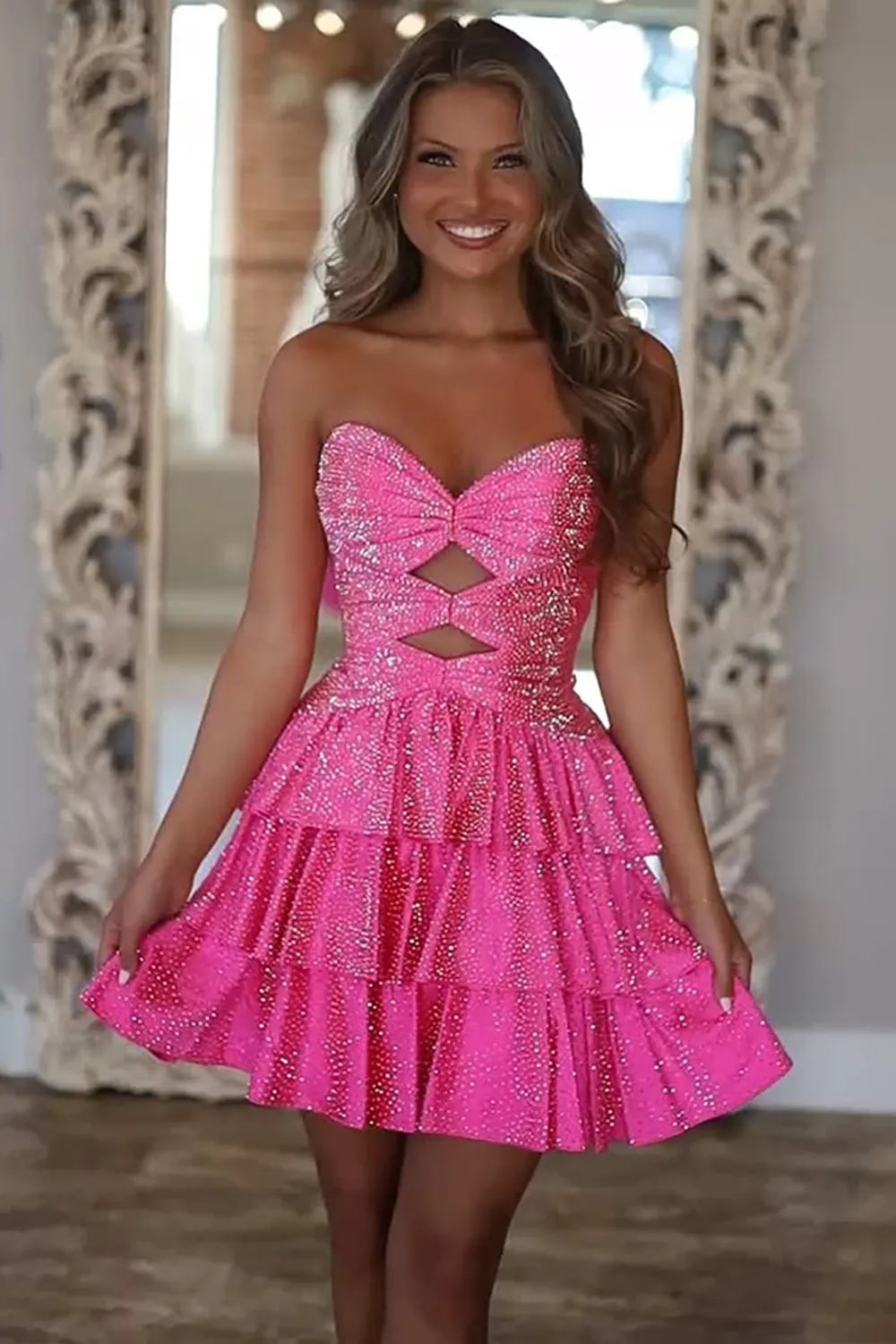 A Line Sparkly Royal Blue Satin Cut Out Tiered Short Homecoming Dress with Beading
