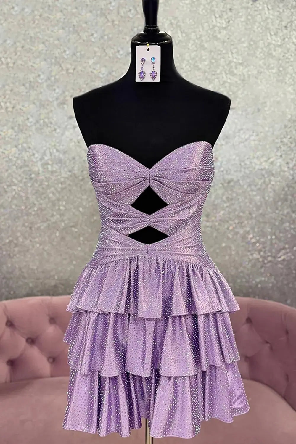 A Line Sparkly Royal Blue Satin Cut Out Tiered Short Homecoming Dress with Beading - KAIDRESS