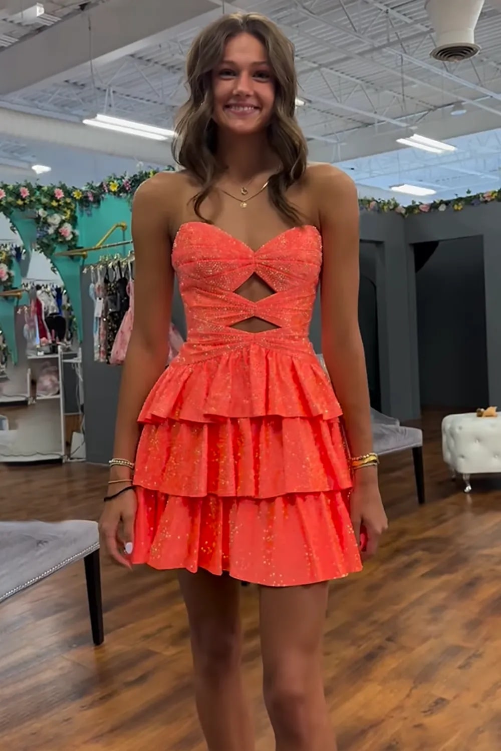 A Line Sparkly Royal Blue Satin Cut Out Tiered Short Homecoming Dress with Beading