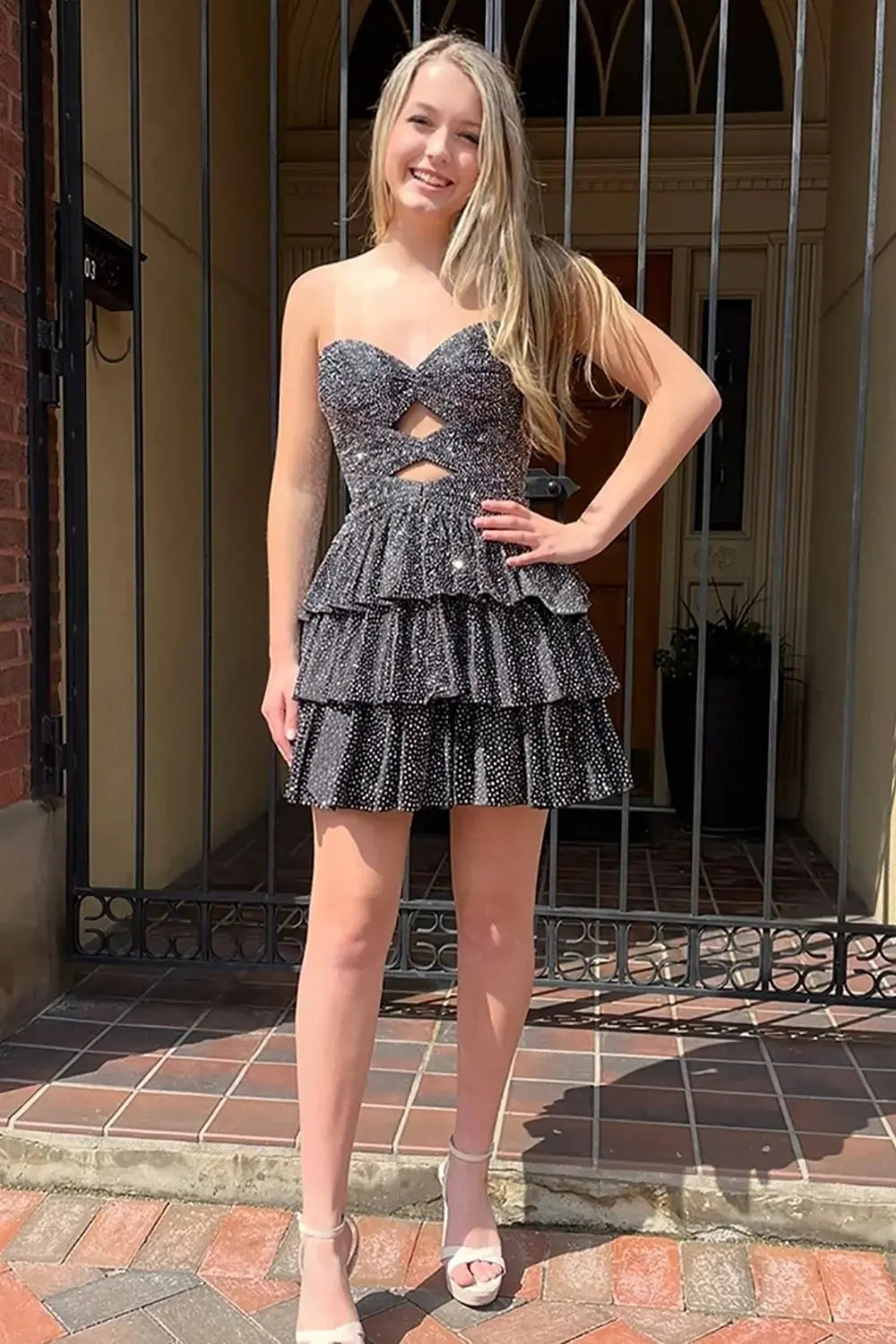A Line Sparkly Royal Blue Satin Cut Out Tiered Short Homecoming Dress with Beading - KAIDRESS