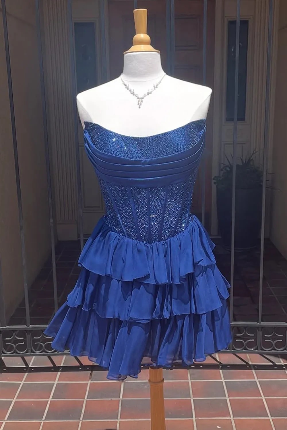 A Line Sparkly Yellow Strapless Beaded Short Corset Homecoming Dress with Ruffles