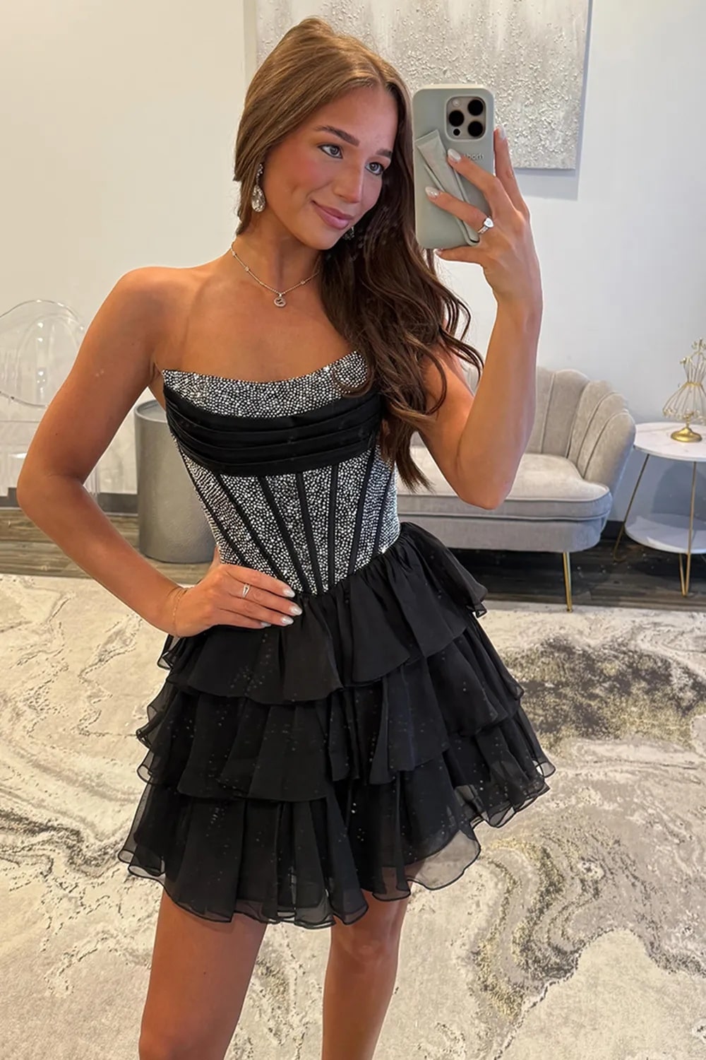 A Line Sparkly Yellow Strapless Beaded Short Corset Homecoming Dress with Ruffles