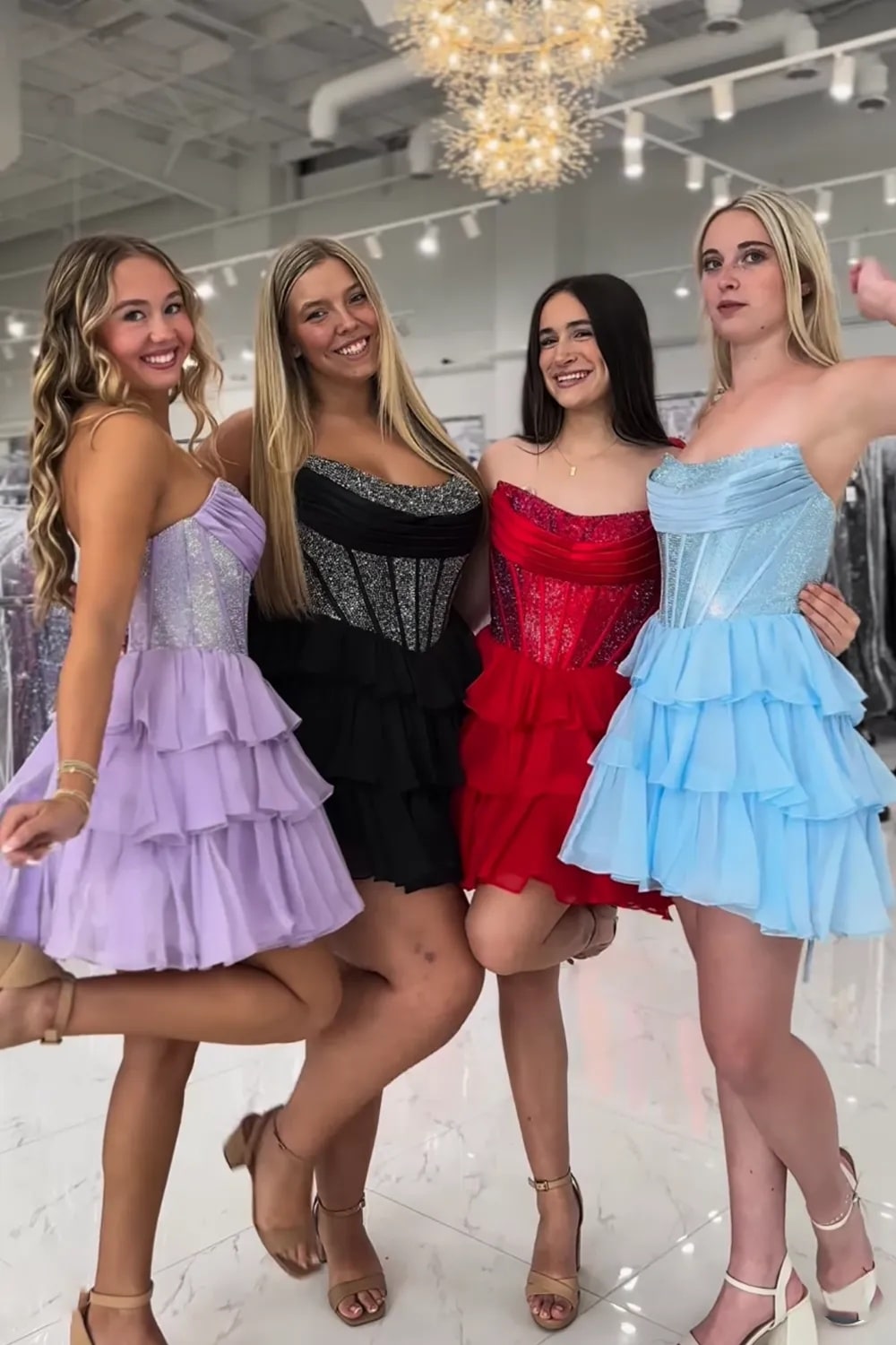 A Line Sparkly Yellow Strapless Beaded Short Corset Homecoming Dress with Ruffles