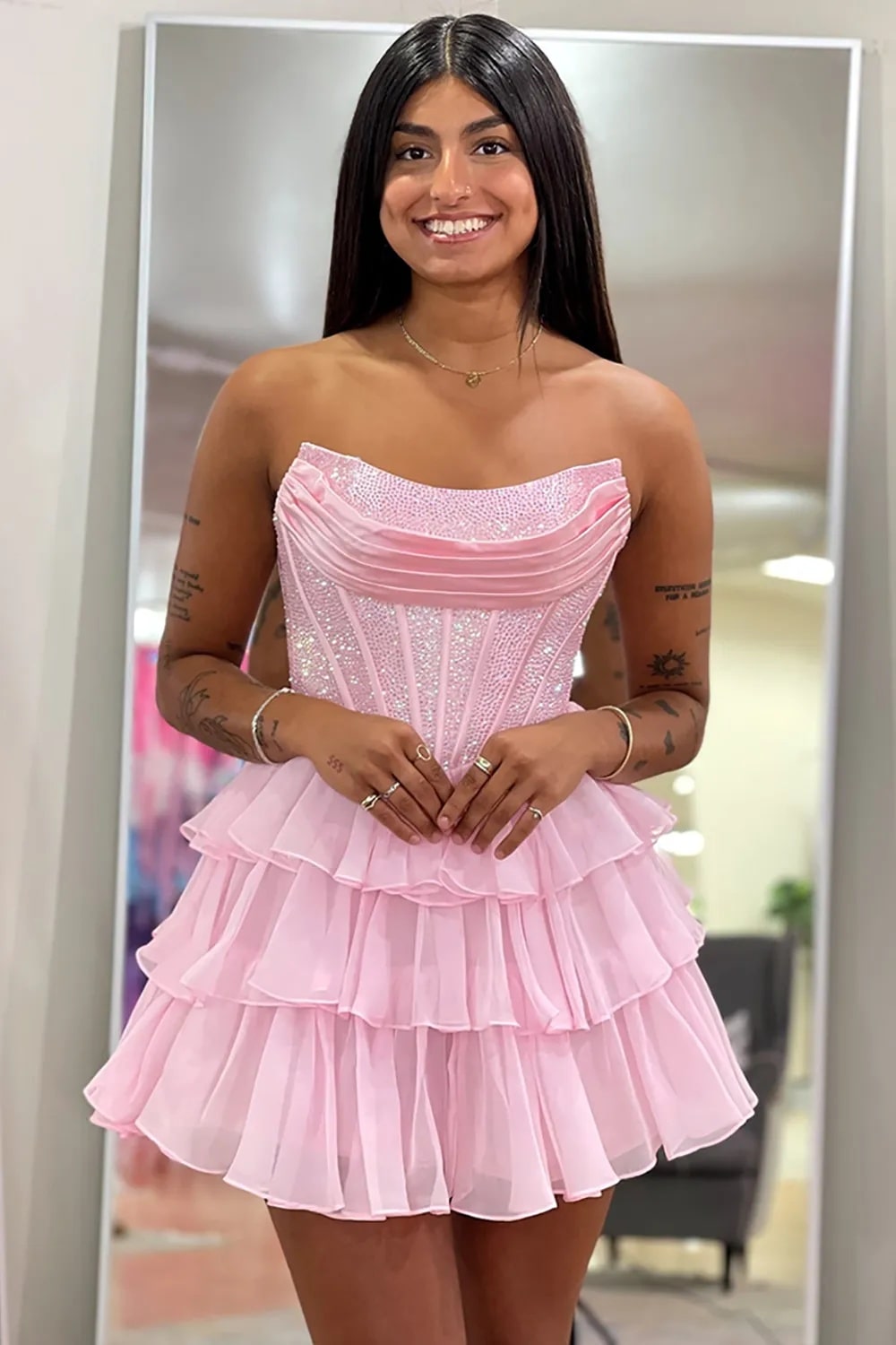 A Line Sparkly Yellow Strapless Beaded Short Corset Homecoming Dress with Ruffles
