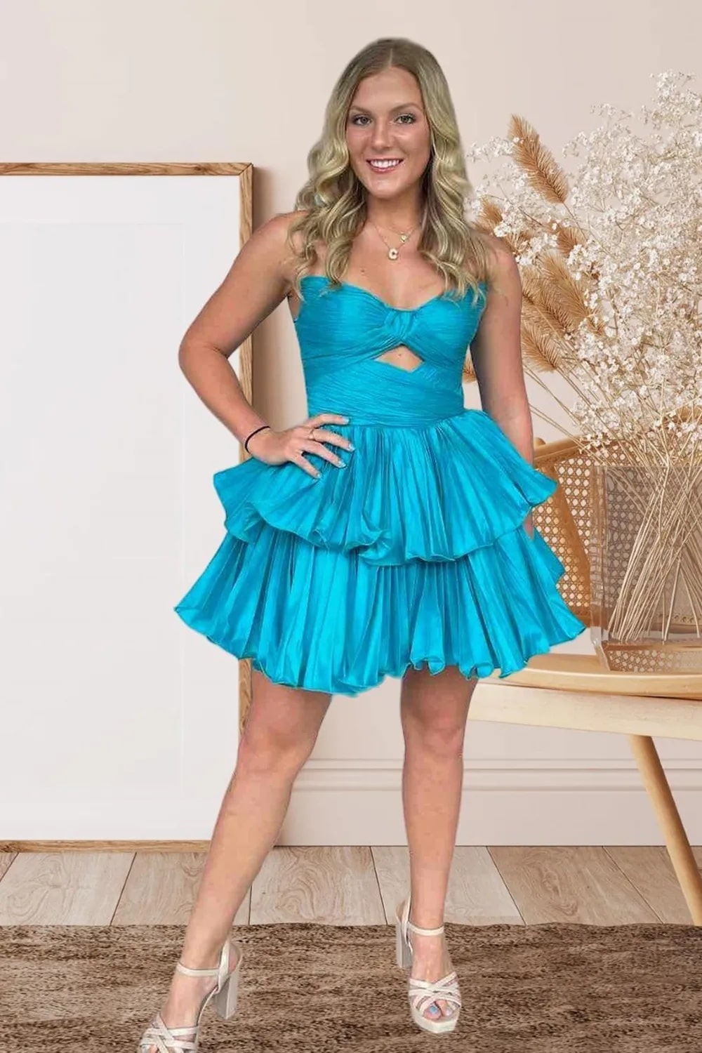 A-Line Chic Fuchsia Sweetheart Pleated Tiered Short Homecoming Dress
