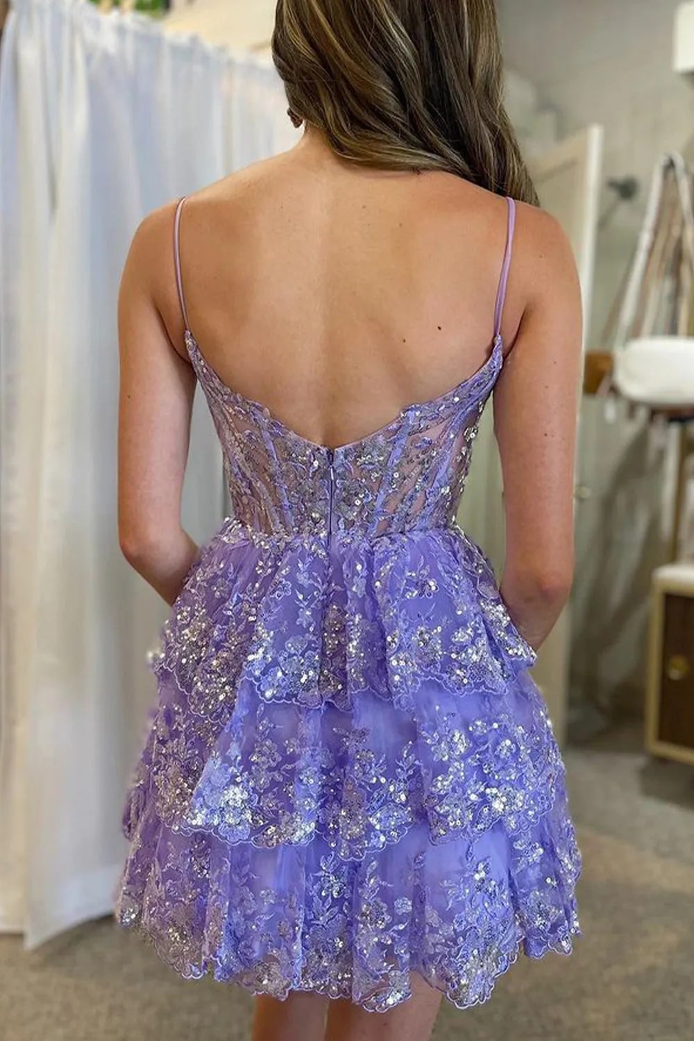 A Line Princess Spaghetti Straps Navy Corset Homecoming Dress with Ruffles