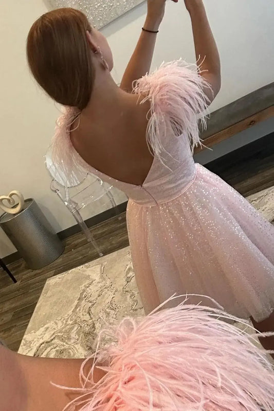 A Line Deep V Neck Light Pink Short Homecoming Dress with Feather - KAIDRESS