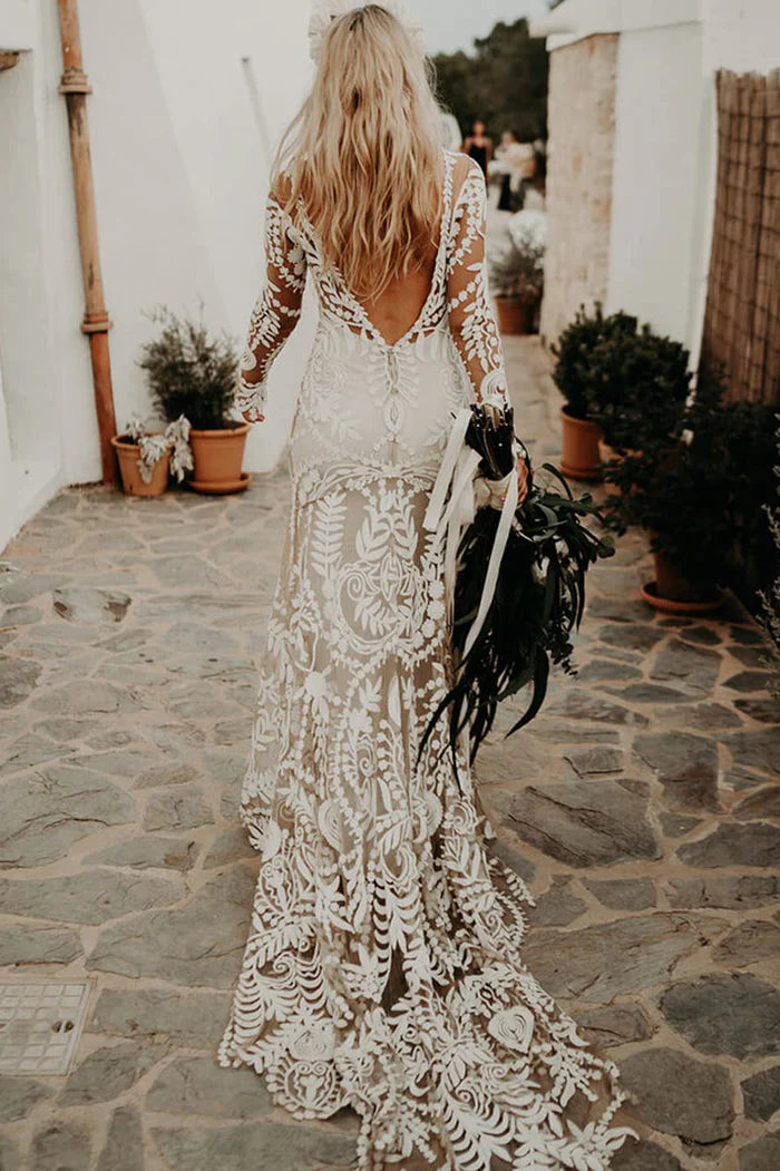 Mermaid Lace White Long Sleeve Boho Wedding Dresses Luxury Bride Robe