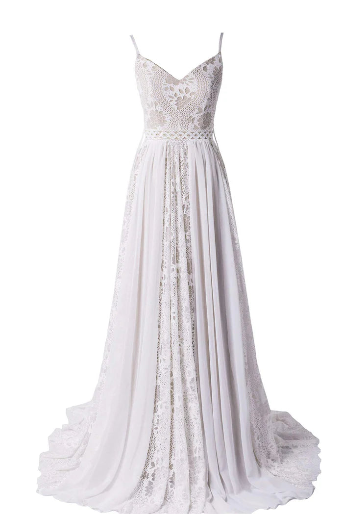 A-Line/Princess Lace Spaghetti Straps Sleeveless Chapel Train Wedding Dresses