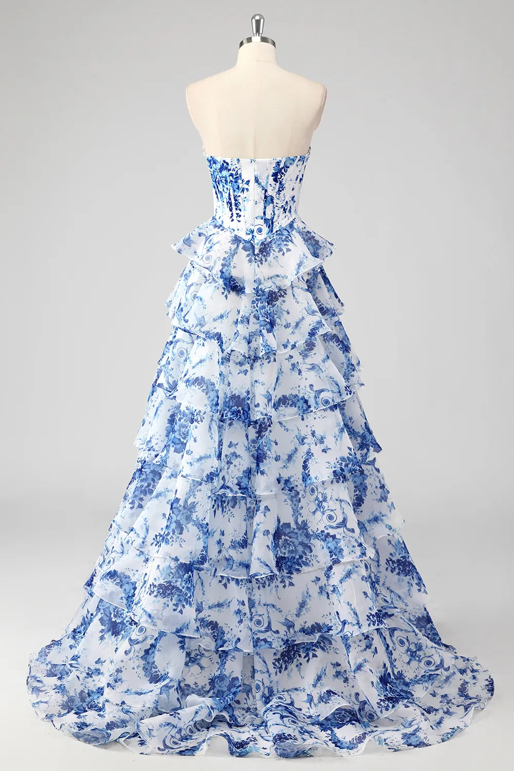 A-Line/Princess Floral Blush Tiered Chiffon Long Corset Prom Dress with Slit