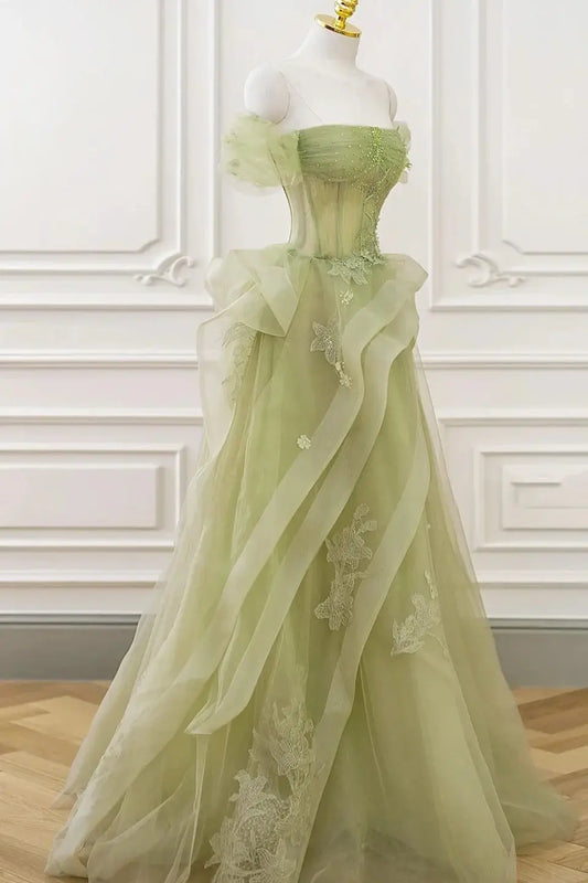 A-Line/Princess Green Tulle Long Floor Length Prom Dress Lace Evening Dress - KAIDRESS