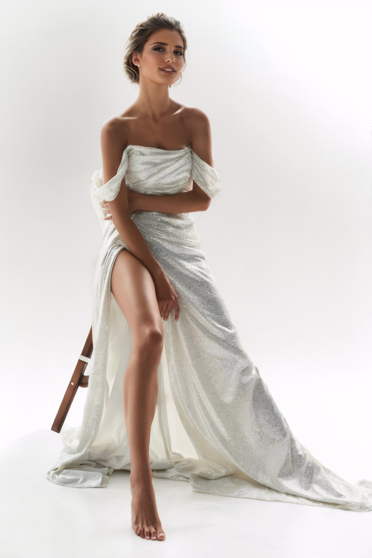 Off-Shoulder Sequin Evening Gown with Train & Thigh Slit for Wedding Guest and Prom
