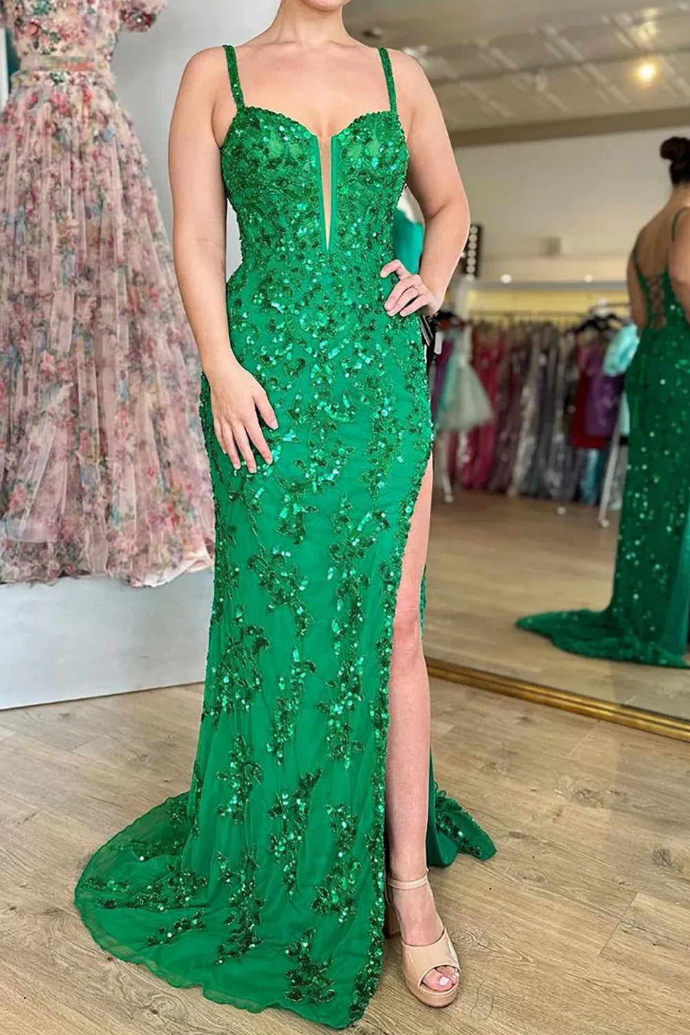 Sheath/Column Straps Sweep Train Lace Prom Dresses With Leg Slit