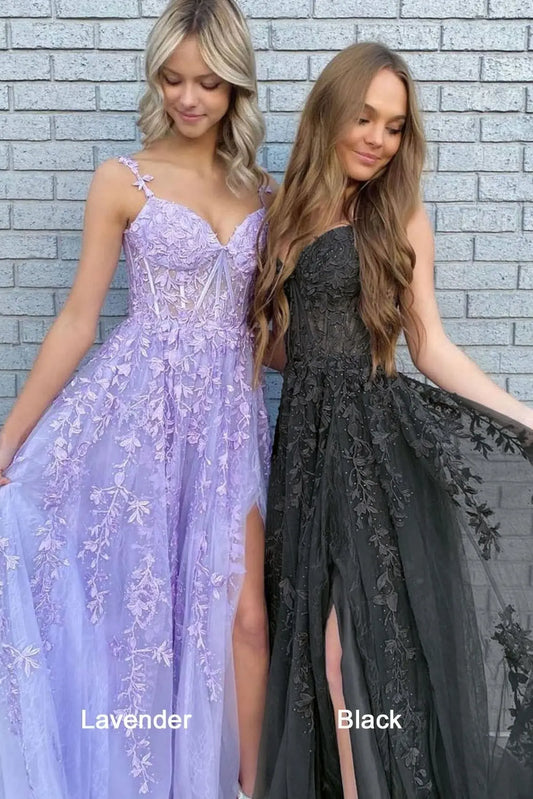 A-line V Neck Spaghetti Straps Long/Floor-Length Lace Prom Dress With Split - KAIDRESS