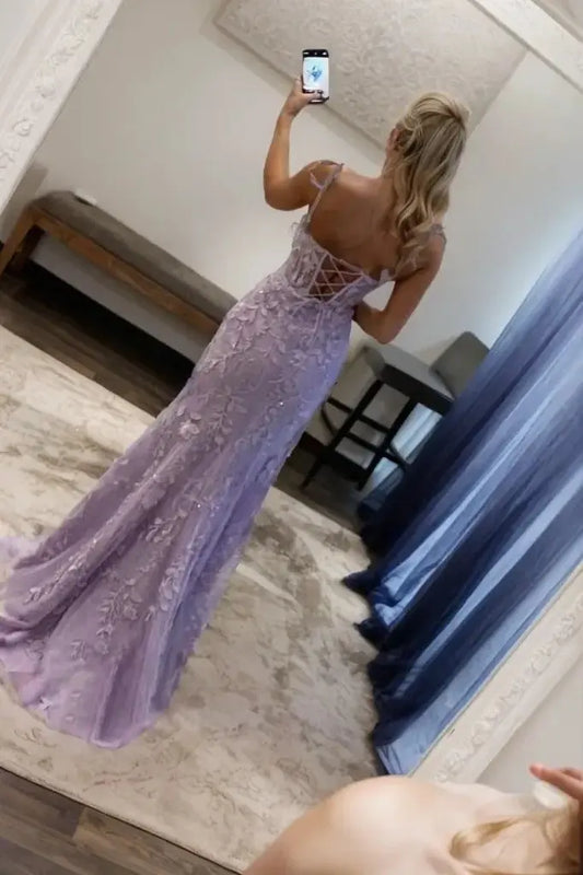 Trumpet/Mermaid Sleeveless Spaghetti Straps Sweep/Brush Train Lace Tulle Prom Dresses - KAIDRESS