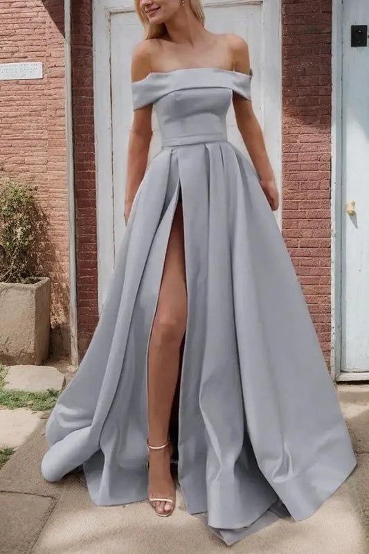 A-line Off-the-Shoulder Sleeveless Long/Floor-Length Satin Prom Dresses With Split - KAIDRESS