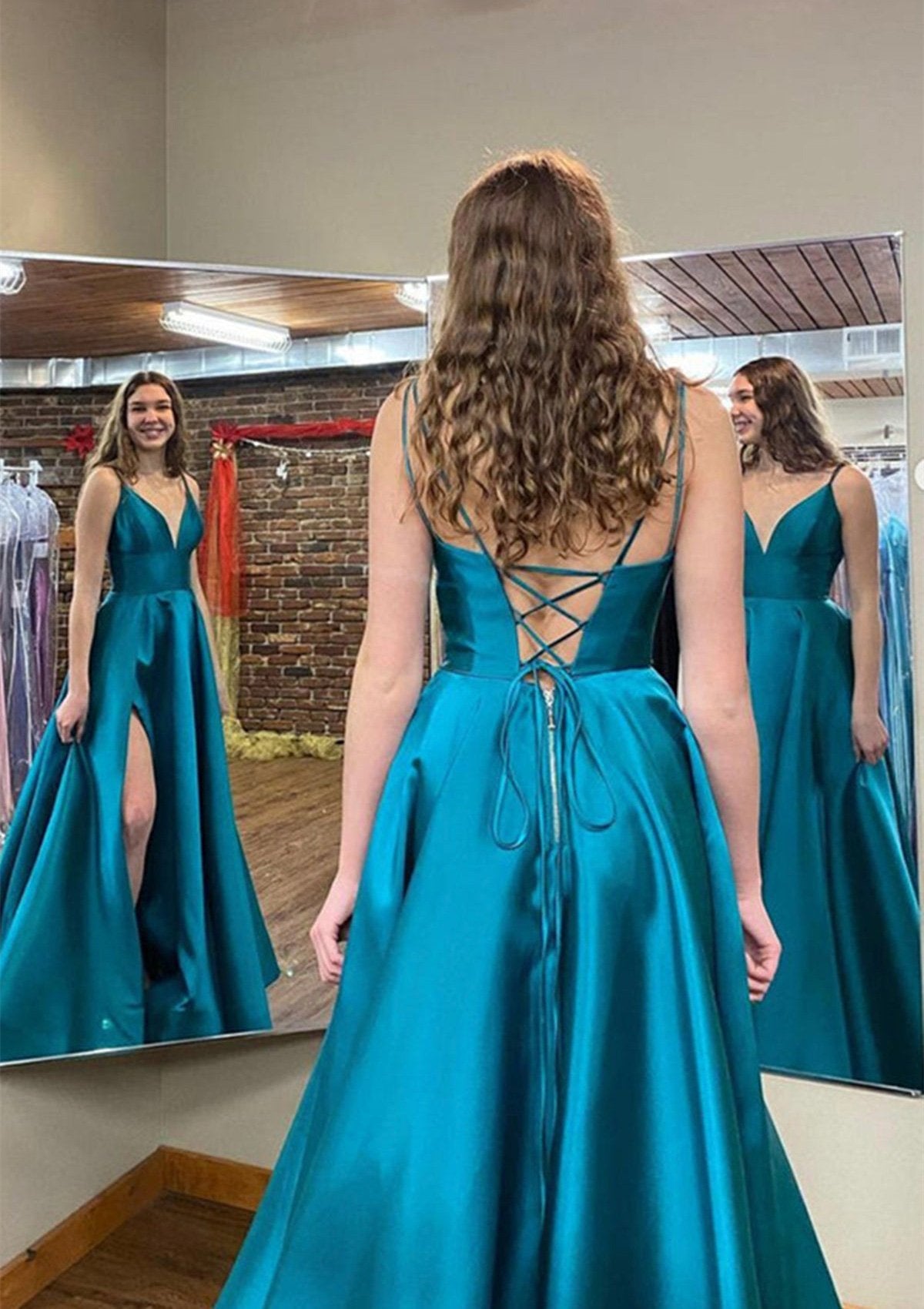 A-line V Neck Sleeveless Satin Long/Floor-Length Prom Dresses With Pockets Split