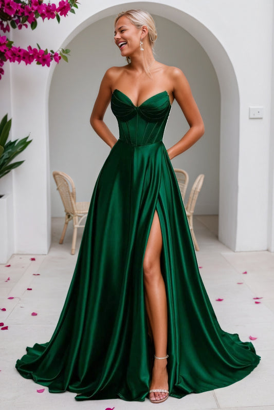 A-line Satin Formal Long Simple Sleeveless Prom Dresses with Pockets