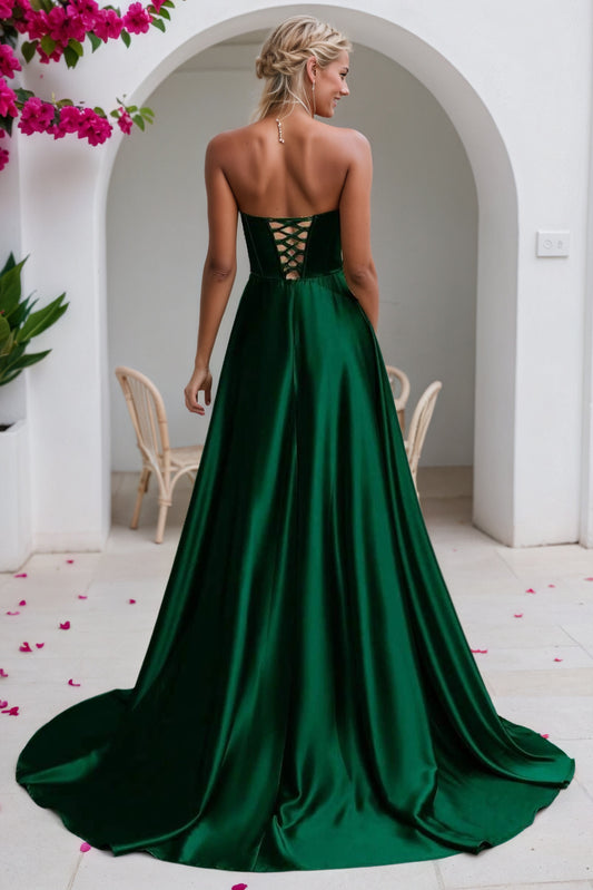 A-line Satin Formal Long Simple Sleeveless Prom Dresses with Pockets