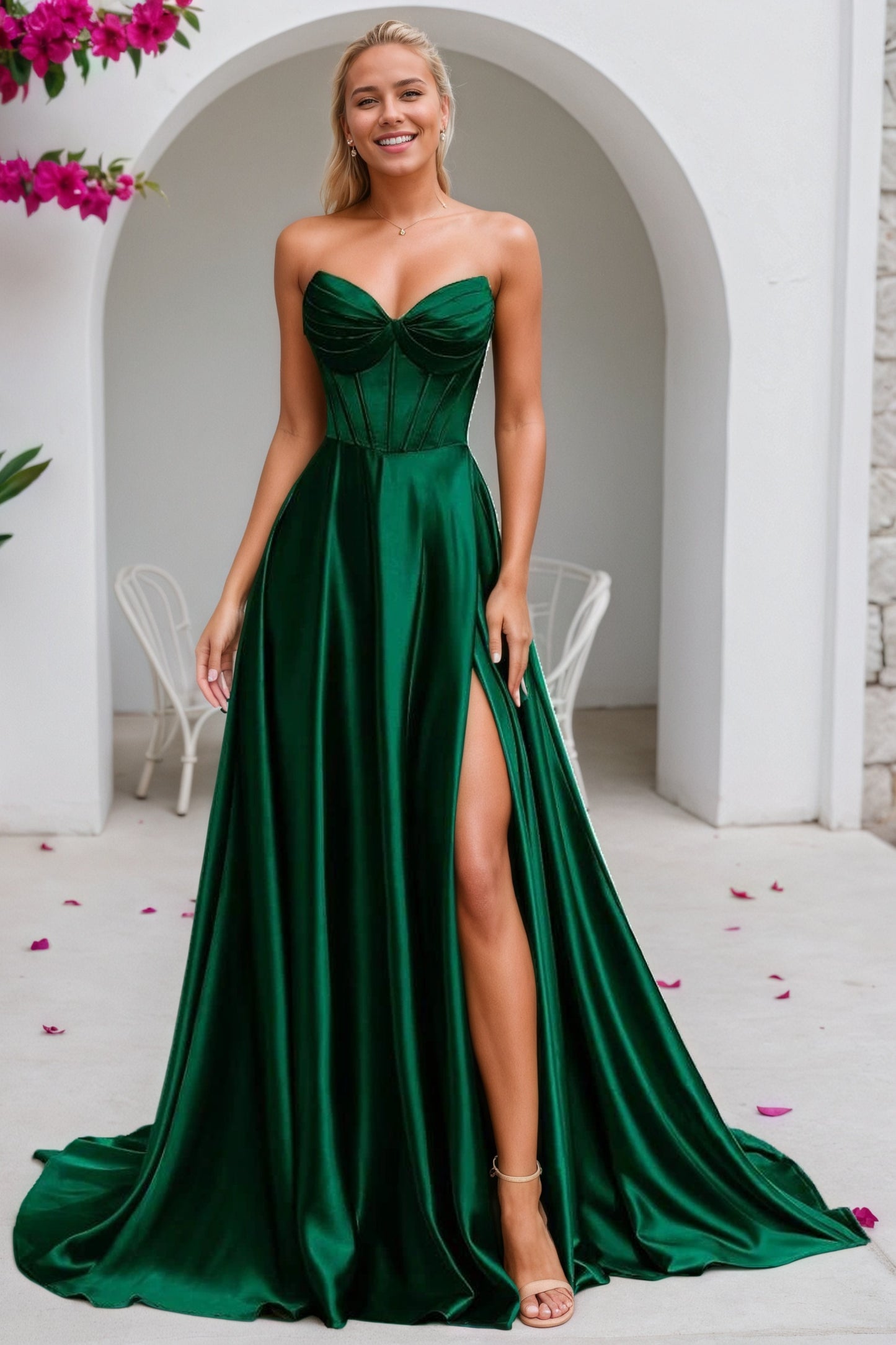 A-line Satin Formal Long Simple Sleeveless Prom Dresses with Pockets