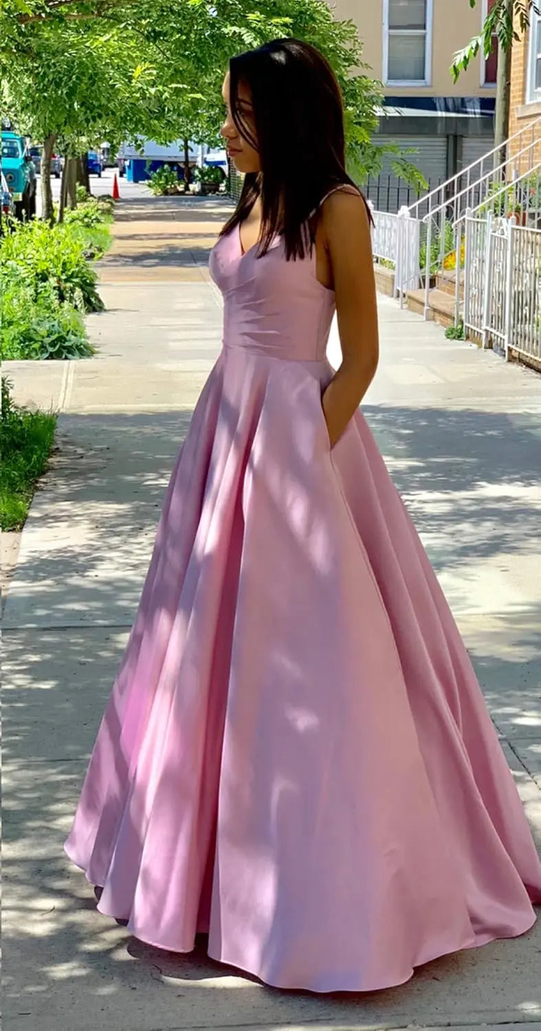 Halter Long Satin Modest Pink Prom Dresses Pocket Formal Evening Gowns - KAIDRESS