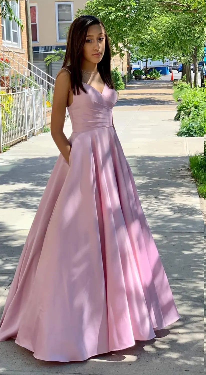 Halter Long Satin Modest Pink Prom Dresses Pocket Formal Evening Gowns - KAIDRESS