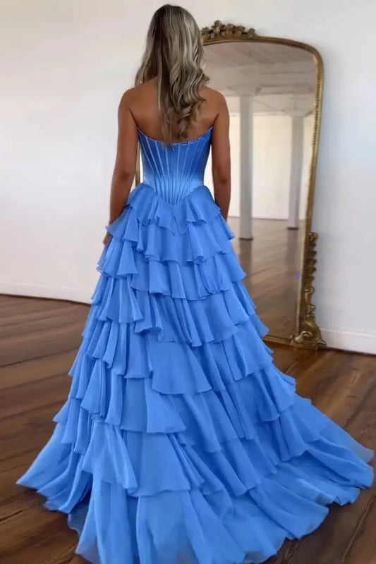 A Line Blue Sweetheart Chiffon Ruffled Long Corset Prom Dress with Slit - KAIDRESS